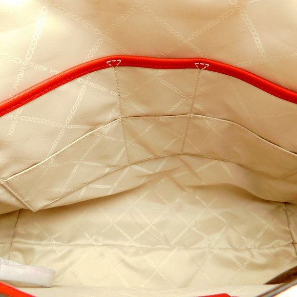New MICHAEL KORS MK Logo Red Leather Satchel Tote Shoulder Strap Large Bag - Picture 8 of 11